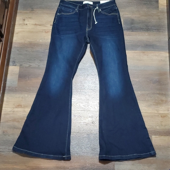 KanCan Blue Flare Wide Leg Jeans with Gold Contrast Stitching - Picture 1 of 9